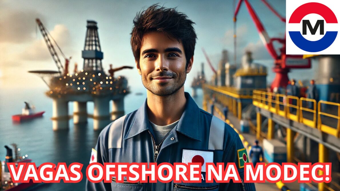 Brasileiro em macacão offshore com bandeira do Japão, em cenário de empresa multinacional offshore com vista para o oceano e plataformas de petróleo.