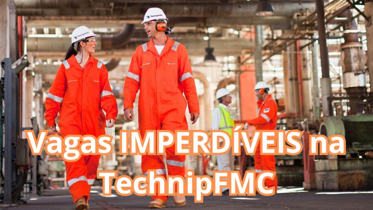 Funcionários da TechnipFMC em uma planta industrial vestindo macacões laranja de segurança