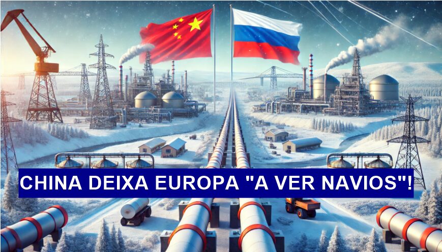 Ilustração de gasoduto ligando Rússia e China, representando o comércio de gás entre os dois países.