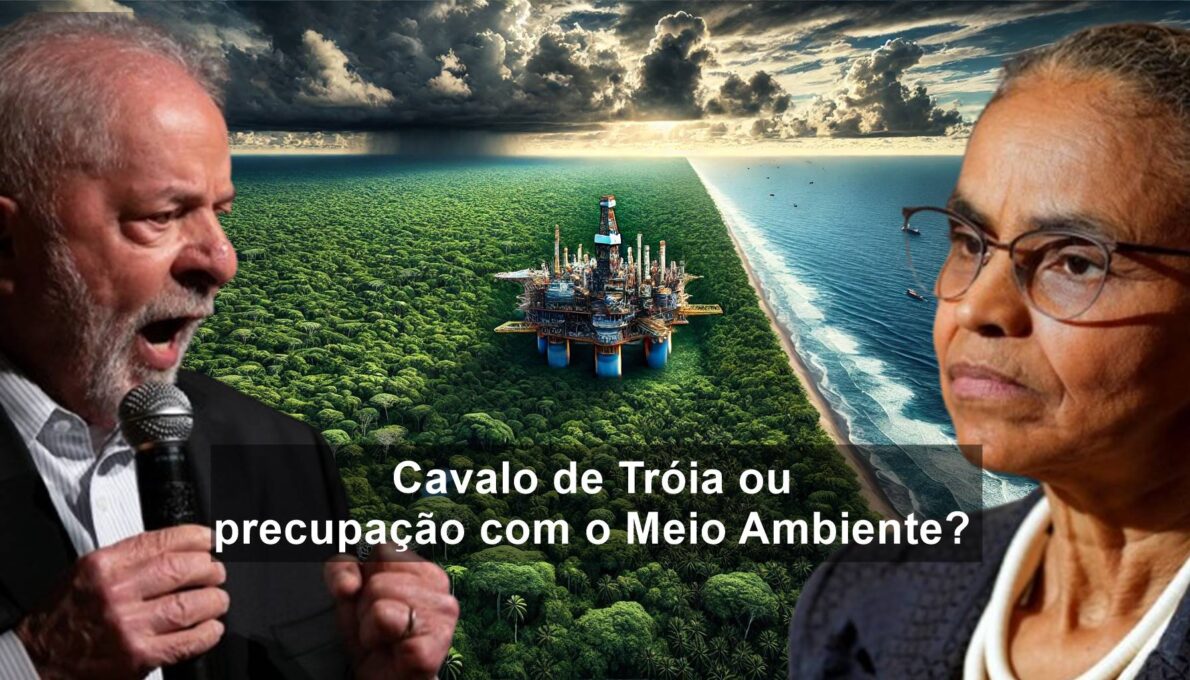 Marina Silva vs Lula: Imagem panorâmica da floresta Amazônica ao lado da Margem Equatorial, com uma plataforma FPSO para exploração de petróleo no centro, destacando o contraste entre a natureza e a indústria petrolífera.