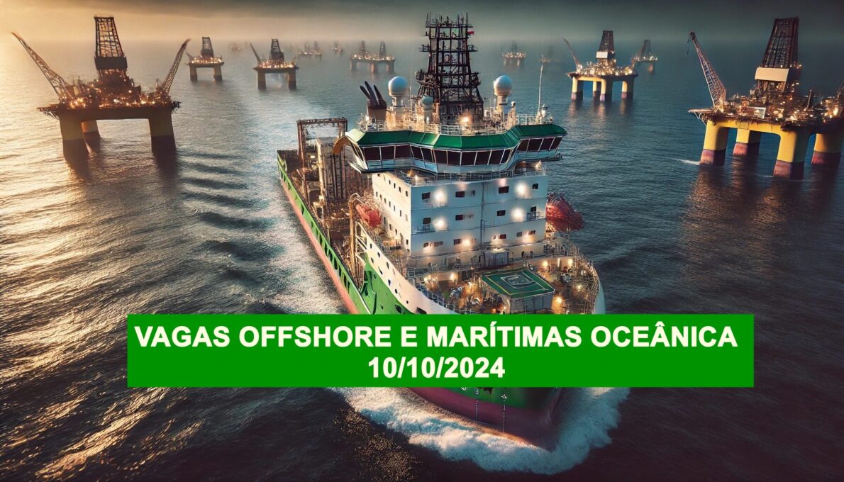 Embarcação de apoio marítimo com vagas offshore verde e branca transportando carga até uma plataforma de petróleo.