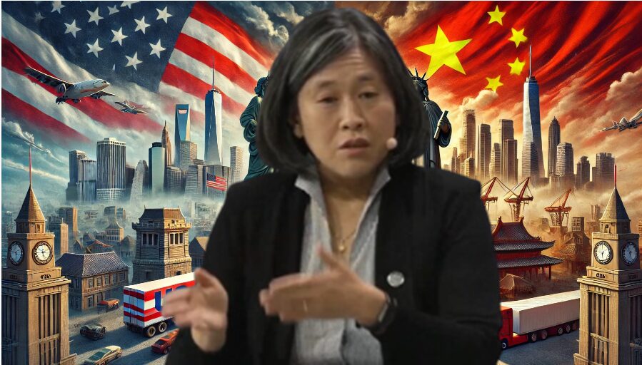 Imagem realista mostrando um confronto entre os Estados Unidos e a China, com a Estátua da Liberdade de um lado e a Grande Muralha da China do outro, sob um céu dramático e economia