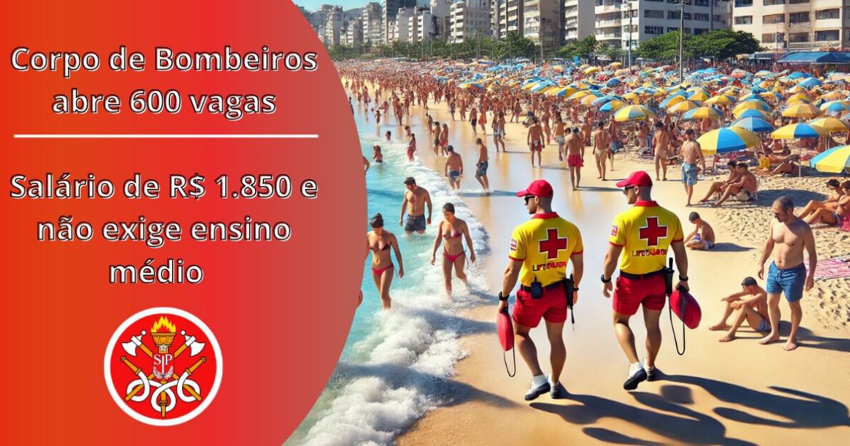 600 vagas abertas no Corpo de Bombeiros de SP com salário de R$ 1.850! Inscrições até 23/10, sem exigência de ensino médio! (Imagem: Reprodução/Canva)