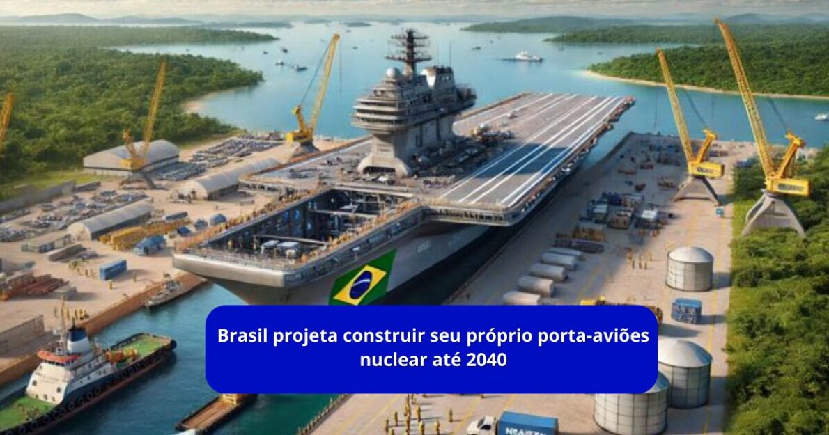 Brasil ambiciona ter um porta-aviões nuclear até 2040 e disputar liderança marítima na América Latina. Projeto enfrenta desafios complexos. (Imagem: Reprodução/Canva)