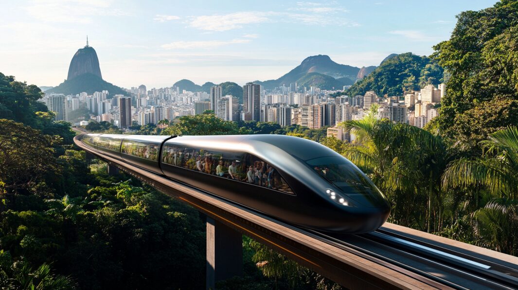 O trem-bala entre Rio e São Paulo promete reduzir o tempo de viagem para 1h30, mas a obra enfrenta desafios financeiros e ambientais. (Imagem:Foto IA)