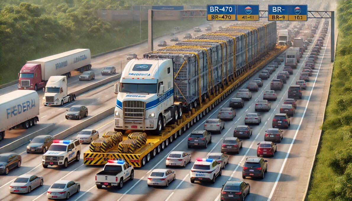 Transporte de equipamento colossal nas rodovias SC, gerando lentidão. Escolta da PRF e velocidade de 30 km/h garantem segurança. (Foto ilustrativa/ IA)