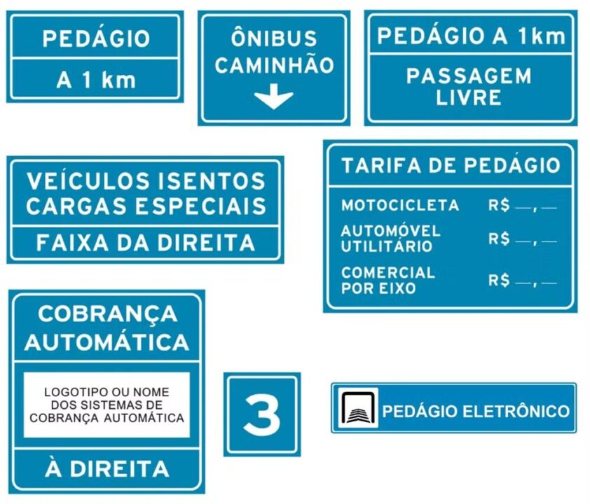 Sinalização sobre pedágios eletrônicos aprovada pelo Contran. (Imagem: Divulgação/Contran)