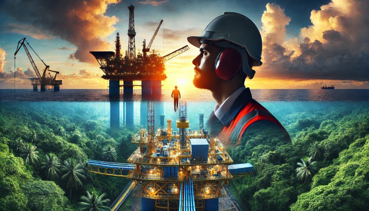 Trabalhador offshore observa horizonte em plataforma de petróleo na Margem Equatorial, Amapá, representando vagas de emprego e oportunidades para ensino médio e técnico na Petrobras