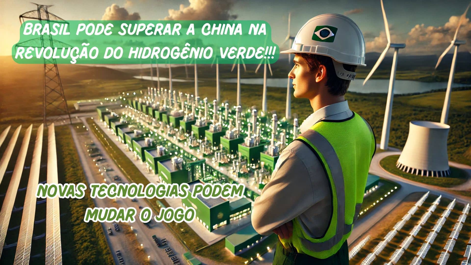 Engenheiro brasileiro observa usina de hidrogênio verde com turbinas eólicas ao fundo - Brasil pode superar a China na revolução do hidrogênio verde.