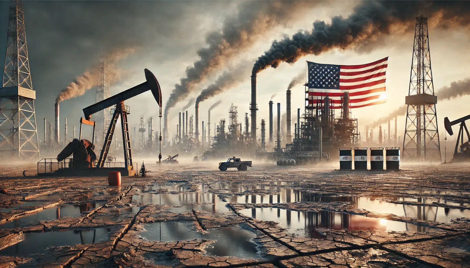 Impacto ambiental da produção de combustíveis fósseis com bandeira americana ao fundo