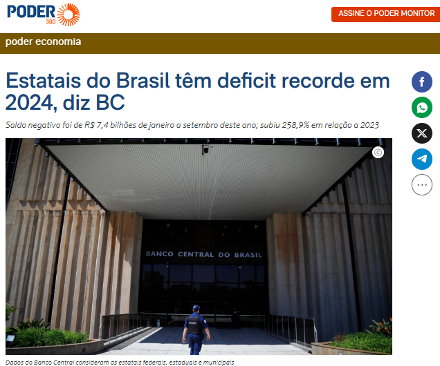 Estatais do Brasil têm deficit recorde em 2024, diz BC...