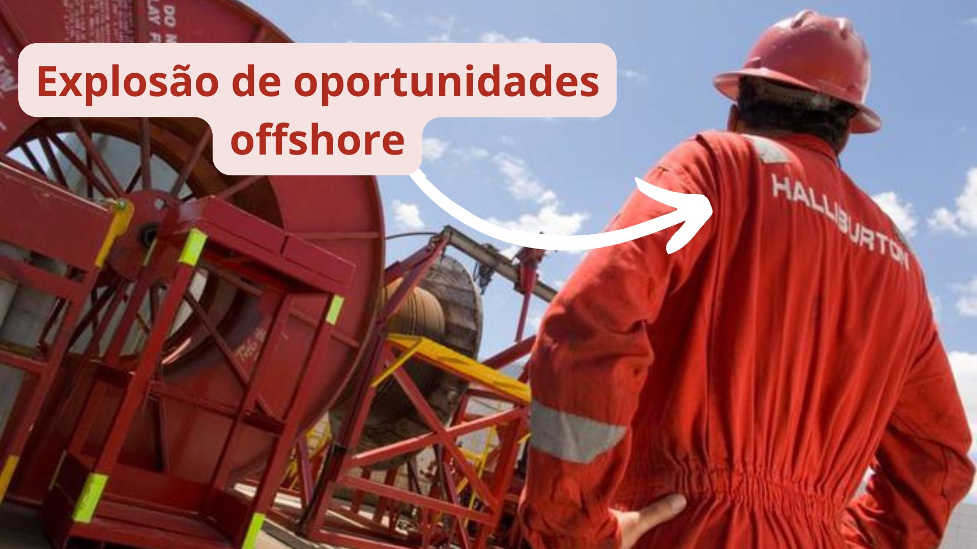 Trabalhador offshore da Halliburton com equipamentos pesados ao fundo e texto "Explosão de oportunidades offshore"