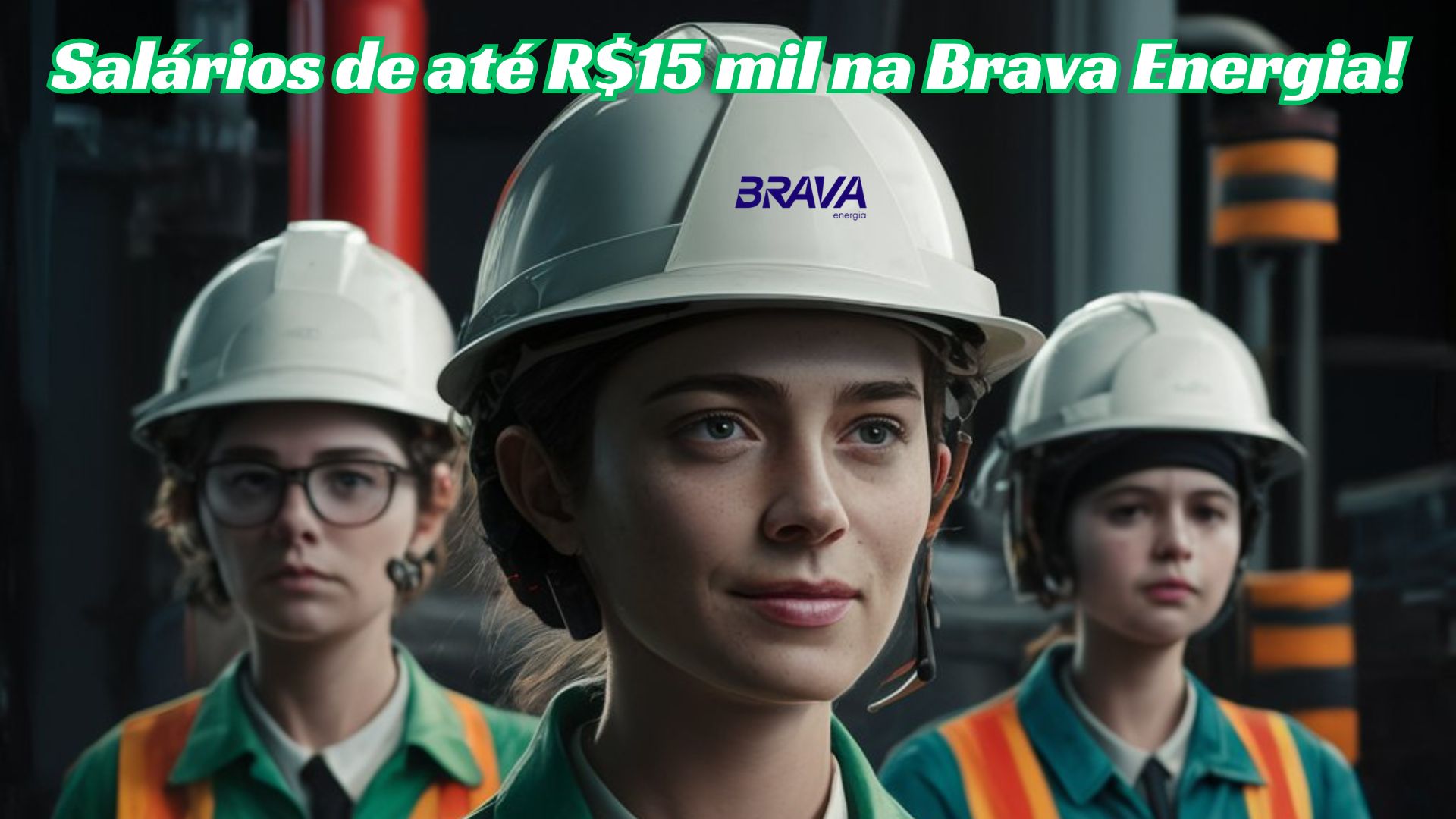 Profissionais da Brava Energia usando capacetes e uniformes de segurança com a mensagem 'Salários de até R mil na Brava Energia!'