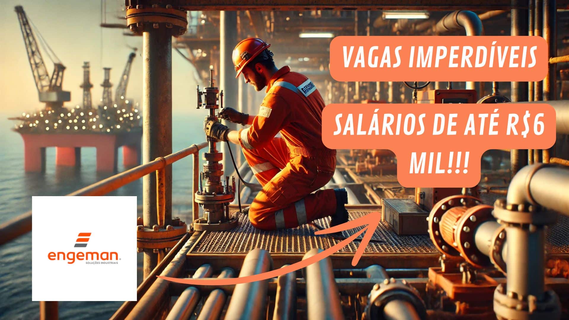 Profissional da Engeman trabalhando em uma plataforma de petróleo com vagas de emprego e salários de até R$6 mil.