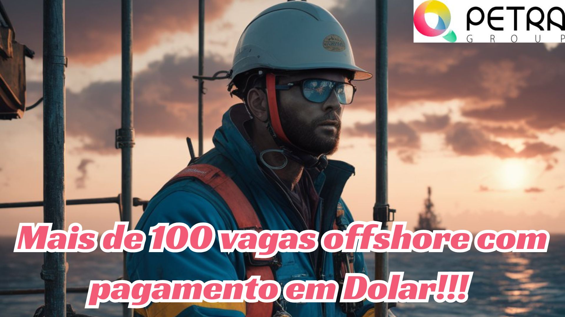 Trabalhador offshore com capacete e óculos, representando mais de 100 vagas disponíveis com pagamento em dólar.