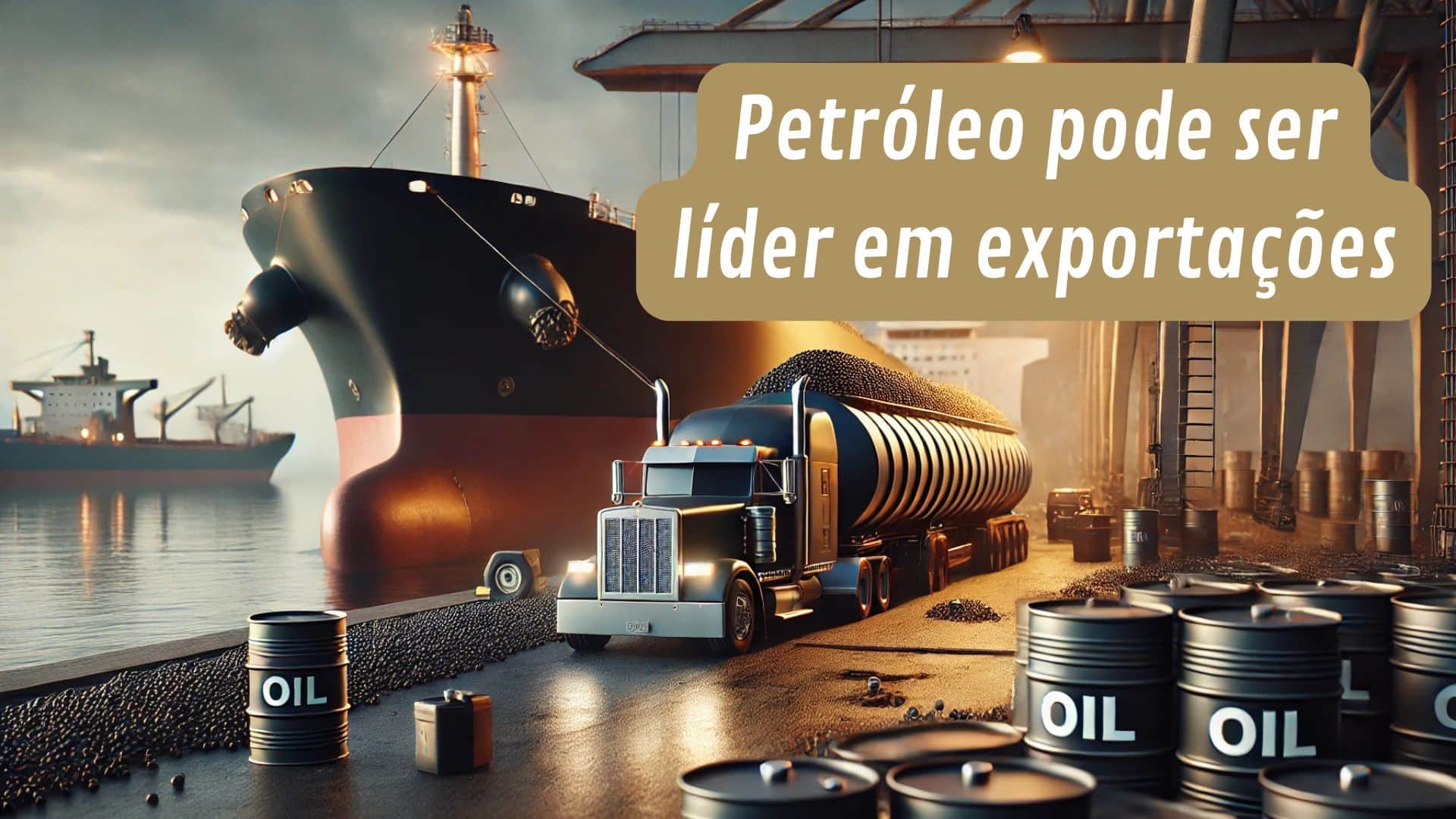 Navio petroleiro e caminhão tanque em porto com barris de petróleo, com a legenda 'Petróleo pode ser líder em exportações