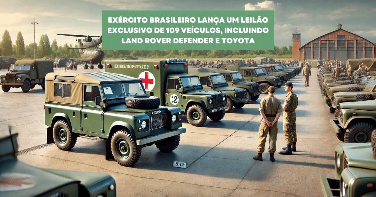 O Exército Brasileiro leiloa 109 veículos com lances a partir de R$ 3 mil. Saiba como participar e arrematar um Land Rover Defender. (Imagem: Reprodução/Canva)