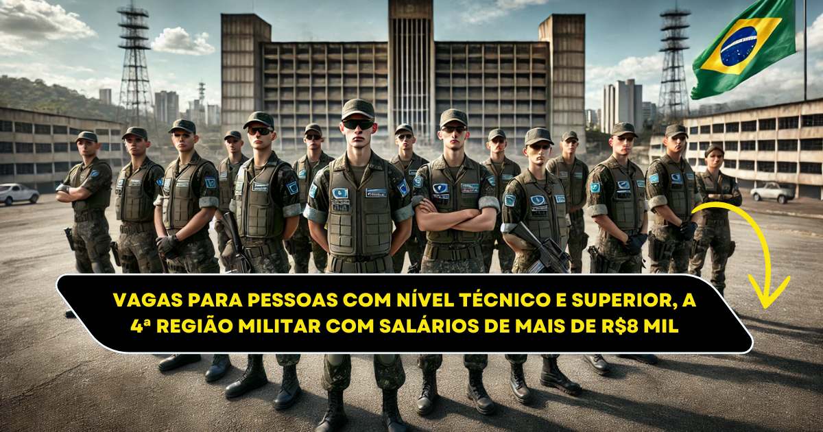 Exército Brasileiro abre seleção para Oficiais Temporários na 4ª Região Militar, com salários de até R$ 8.245. Inscrições até 21 de novembro. (Imagem: Reprodução/Canva)