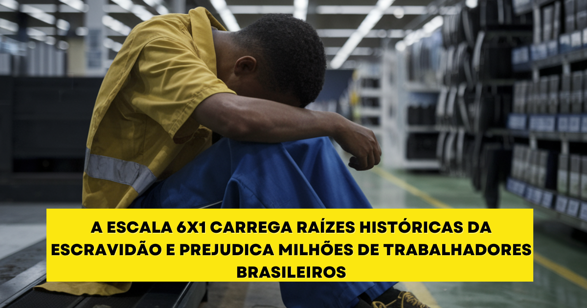 A escala 6x1 expõe o legado escravocrata no Brasil, revelando como o descanso ainda é tratado como privilégio, não como direito. (Imagem: Reprodução/Canva)