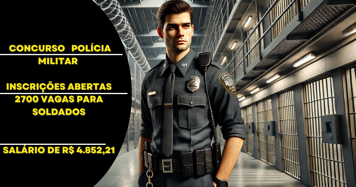 O concurso PM-SP 2025 oferece 2.700 vagas para soldado com provas em todo o Brasil. Inscreva-se até 22 de dezembro. Saiba mais! (Imagem: Reprodução/Canva)