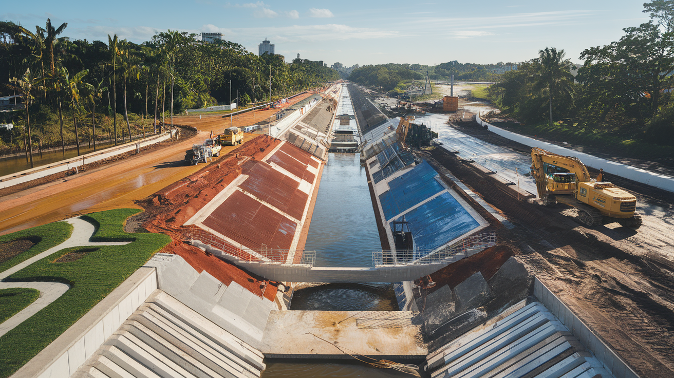 São Vicente avança em sua maior obra contra enchentes, transformando bairros e trazendo esperança com investimentos de R$ 45 milhões. (Imagem: ilustração/ Ideogram)