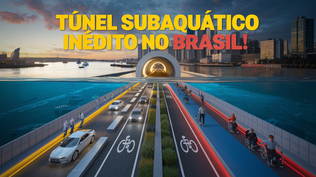 Túnel subaquático ligará Itajaí e Navegantes com R$ 1 bilhão em investimentos, 11 mil empregos e integração para 11 cidades catarinenses. Imagem: ilustração/ IA)