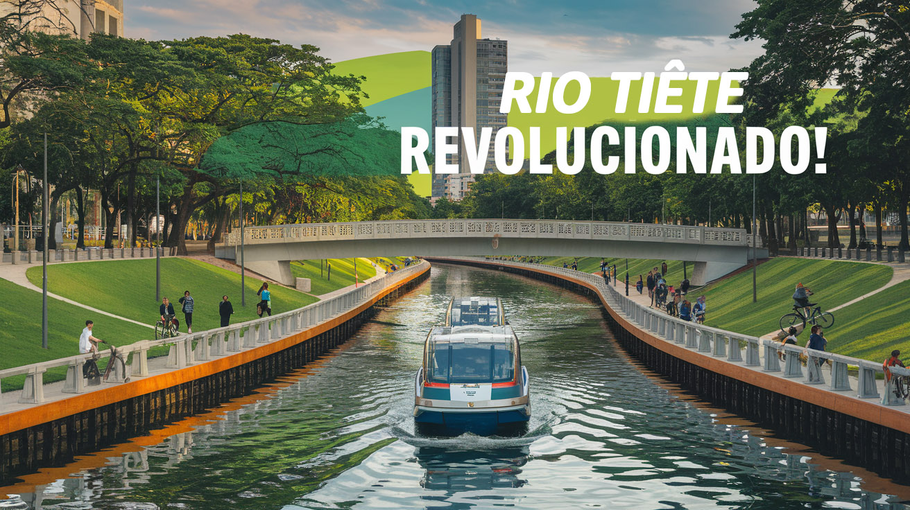 São Paulo aposta no transporte hidroviário com o PlanHidro SP, projetando 180 km de vias navegáveis e a revitalização do Rio Tietê. (Imagem/ Ilustração Inteligência Artificial)