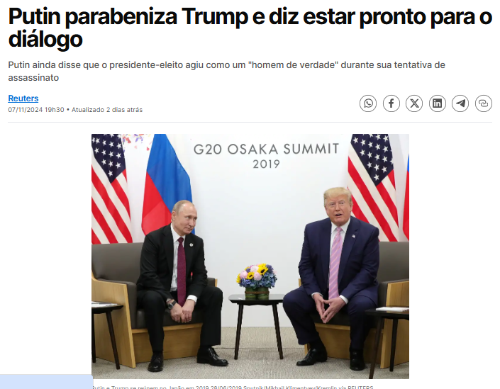 Putin parabeniza Trump e diz estar pronto para o diálogo