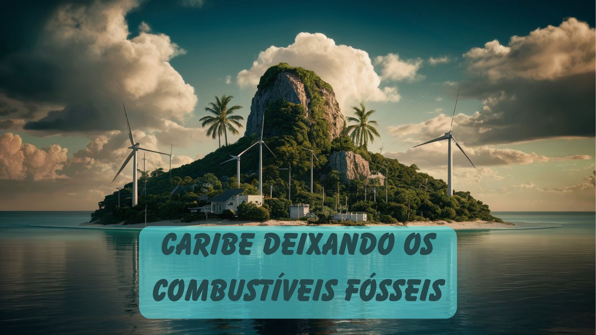 Ilha no Caribe com turbinas eólicas ao fundo, representando a transição energética para fontes renováveis e a superação da dependência de combustíveis fósseis.