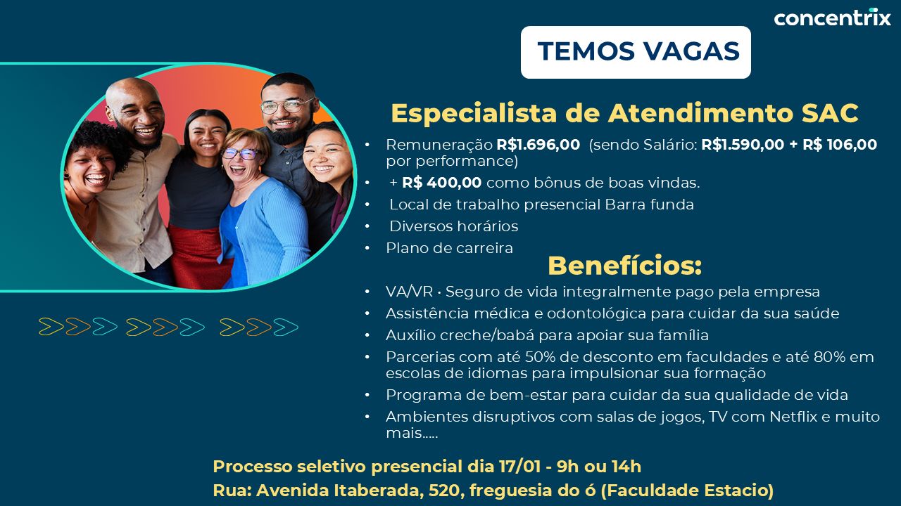 Vagas de emprego na Concentrix: salários de R$ 1.696,00, bônus de R$ 400 e benefícios em São Paulo. Processo seletivo 17/01.