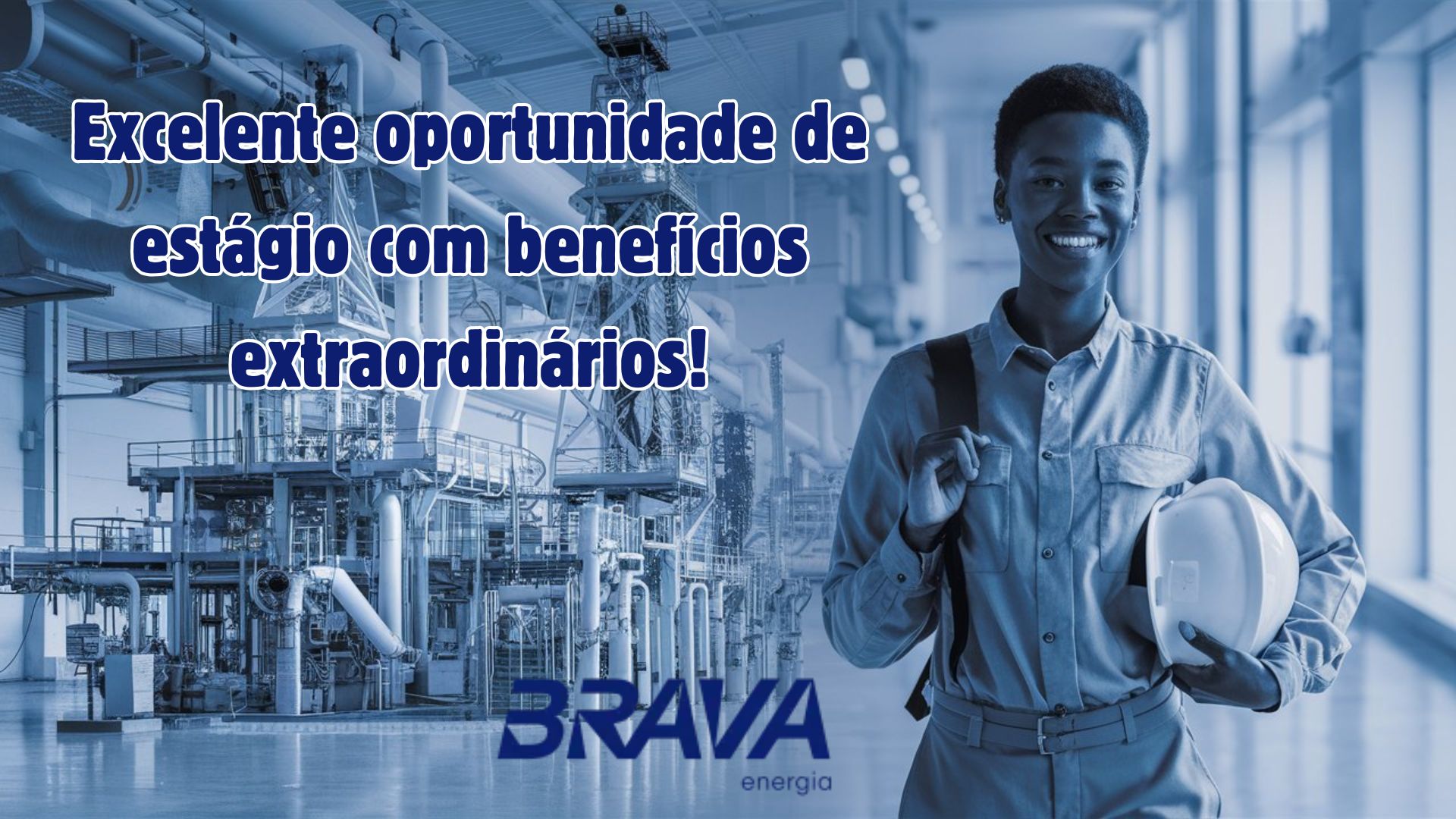 Jovem profissional sorrindo em ambiente industrial com destaque para a BRAVA Energia e oportunidades de estágio com benefícios extraordinários.