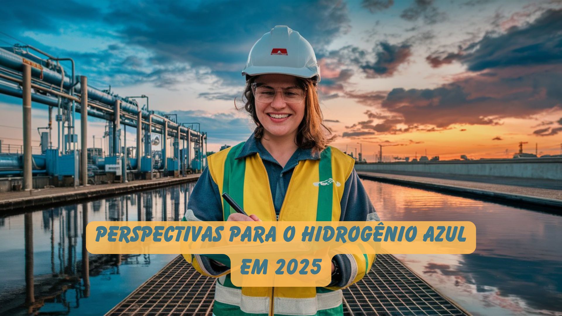 Engenheira sorridente com capacete e colete de segurança em uma planta industrial de hidrogênio azul ao pôr do sol.