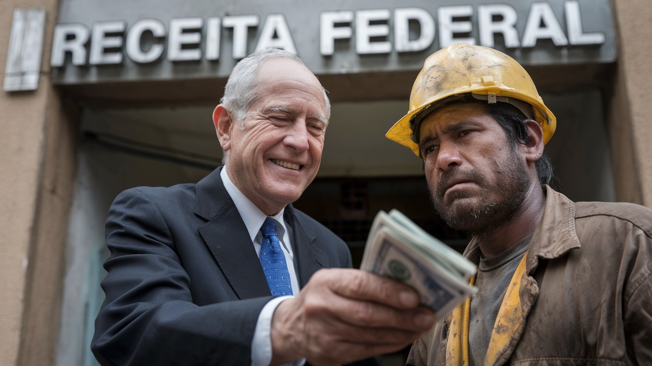 Trabalhador entregando dinheiro do imposto via PIX para a receita federal brasil