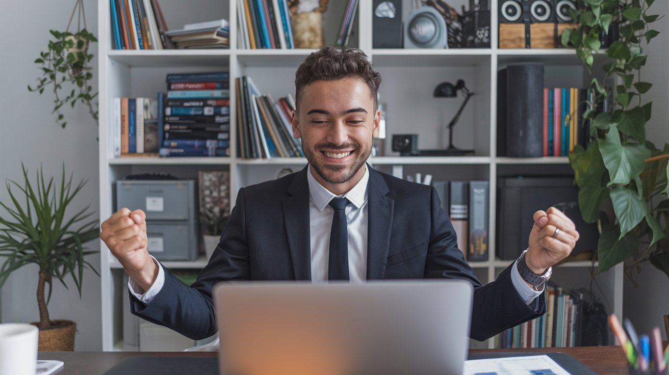 Homem brasileiro em home office comemorando sucesso no trabalho remoto internacional.