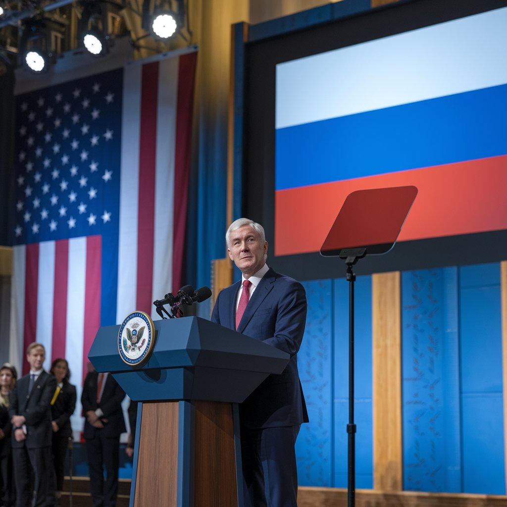 Autoridade dos EUA discursa sobre sanções ao petróleo russo em evento com bandeiras dos EUA e da Rússia ao fundo.