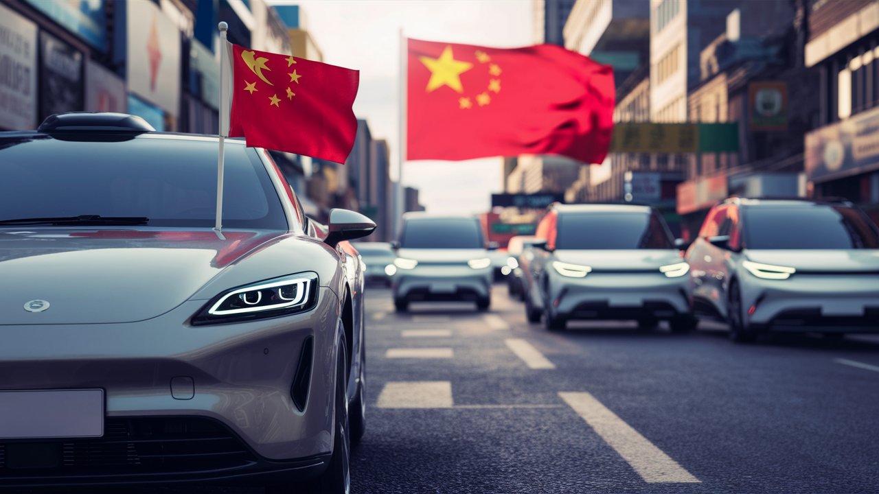 Veículos elétricos chineses desfilando em uma avenida com bandeiras da China, simbolizando liderança em mobilidade sustentável.