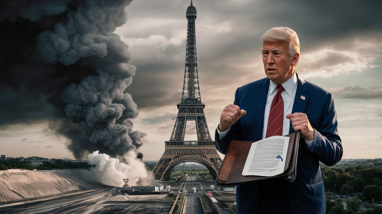 Donald Trump segurando um documento ao lado da Torre Eiffel, com fumaça densa no fundo representando poluição e exploração de combustíveis fósseis.