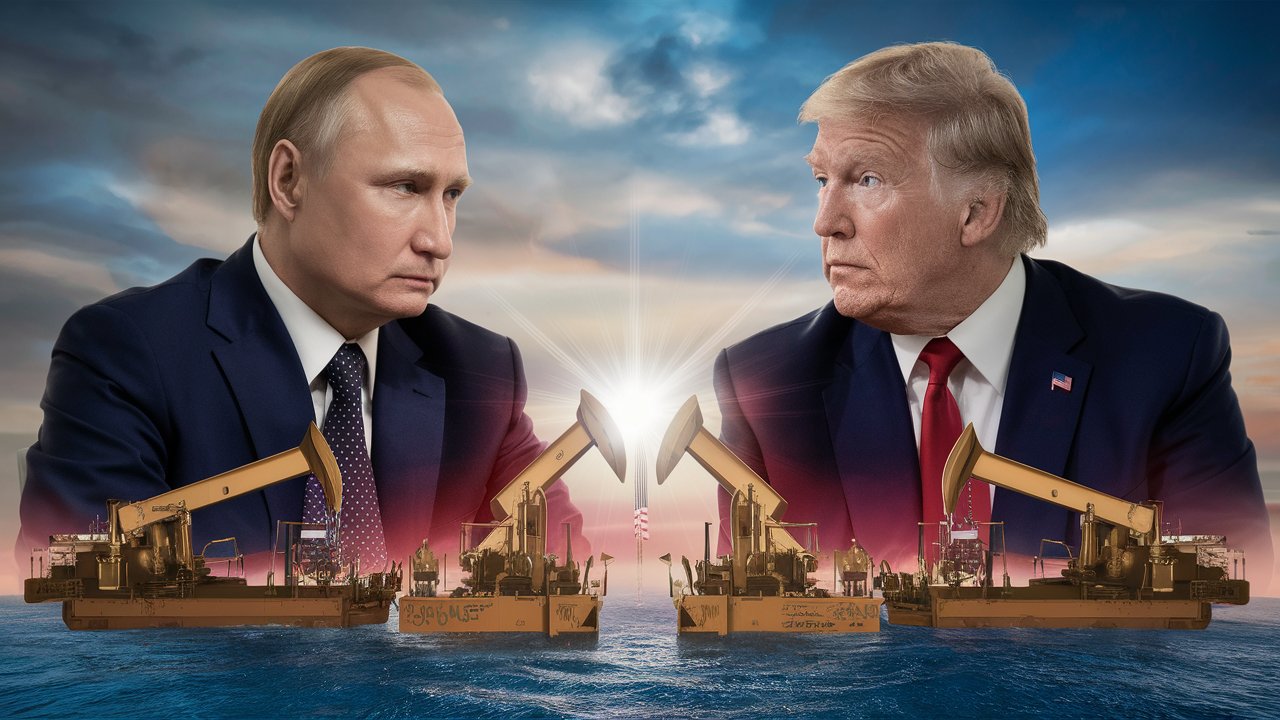 Putin e Trump frente a frente, representando a disputa geopolítica e energética entre Rússia e Estados Unidos no contexto das sanções ao petróleo