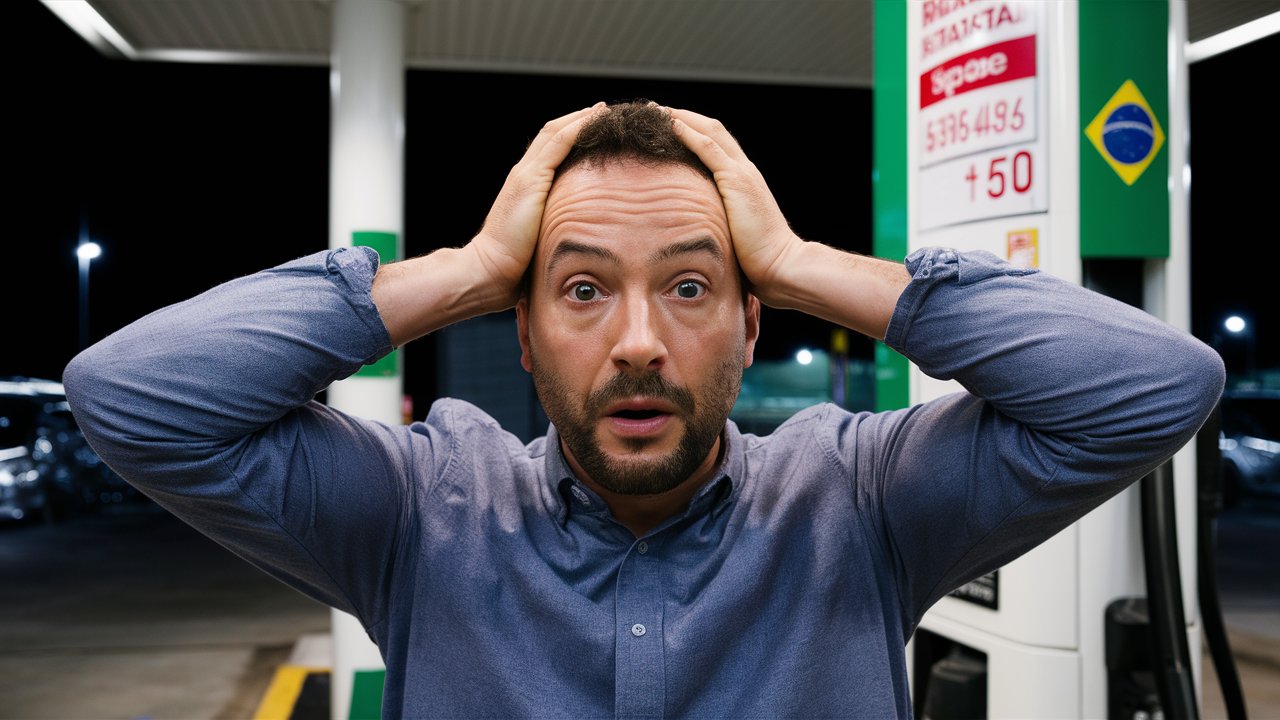 Homem surpreso com os preços dos combustíveis em um posto de gasolina no Brasil, com uma bomba de combustível e bandeira do Brasil ao fundo.