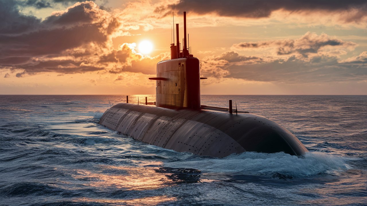 Submarino nuclear navegando ao pôr do sol, representando avanço tecnológico e soberania nacional.