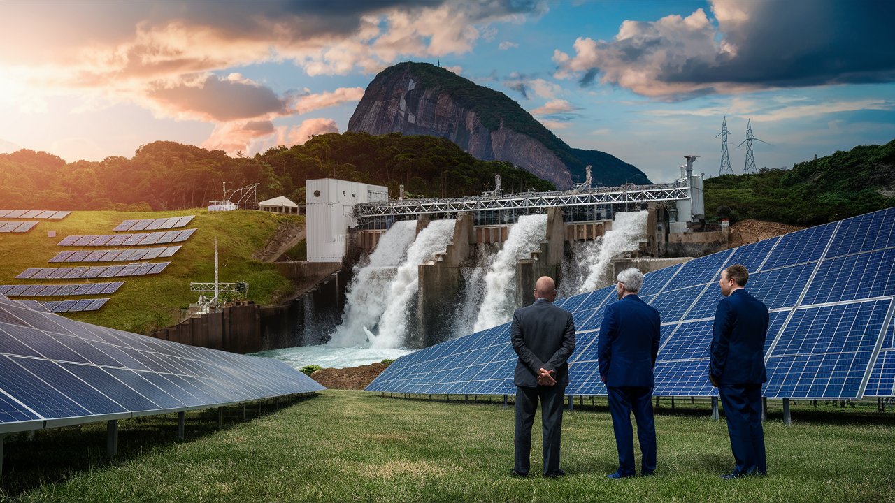 Painel solar e hidrelétrica no Brasil, com especialistas observando infraestrutura sustentável