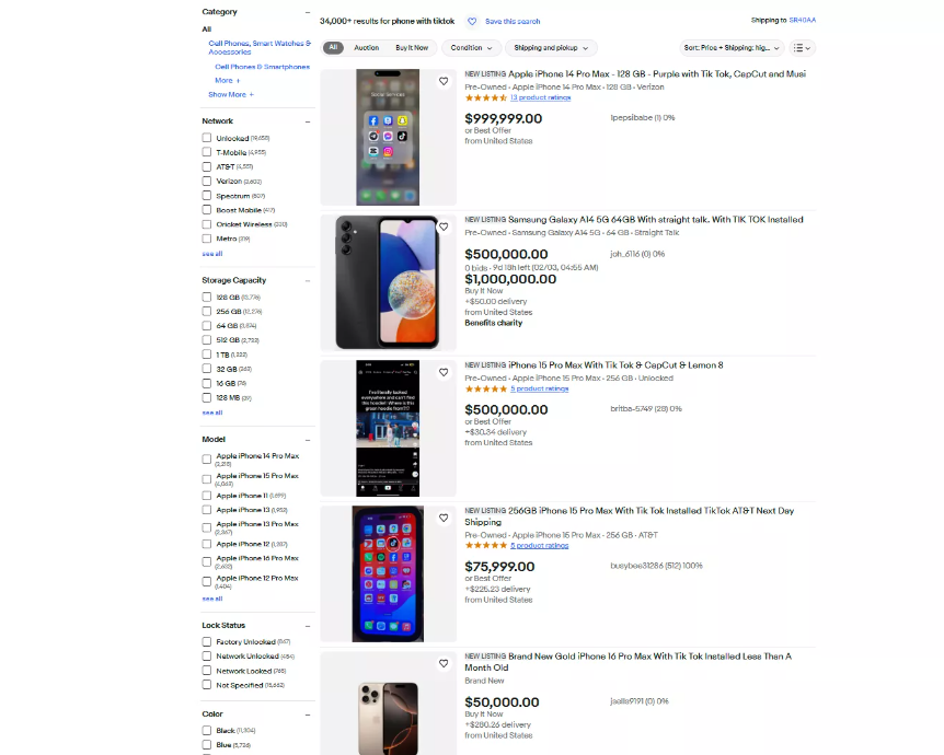 Os valores variam bastante, mas alguns celulares estão sendo listados por preços absurdos, como US$ 999.999. Muitos estão na faixa de US$ 20.000 a US$ 50.000, enquanto outros pedem “apenas” milhares de dólares.