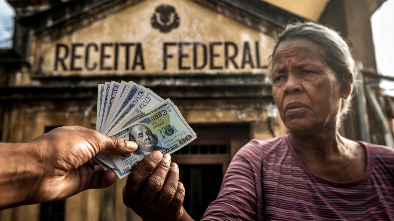 Uma senhora negra recebendo dinheiro na mão do seu filho, mas com expressão de preocupação devido a alta carga tributária do Brasil. Ao fundo, um prédio antigo escrito RECEITA FEDERAL em tom dramático.