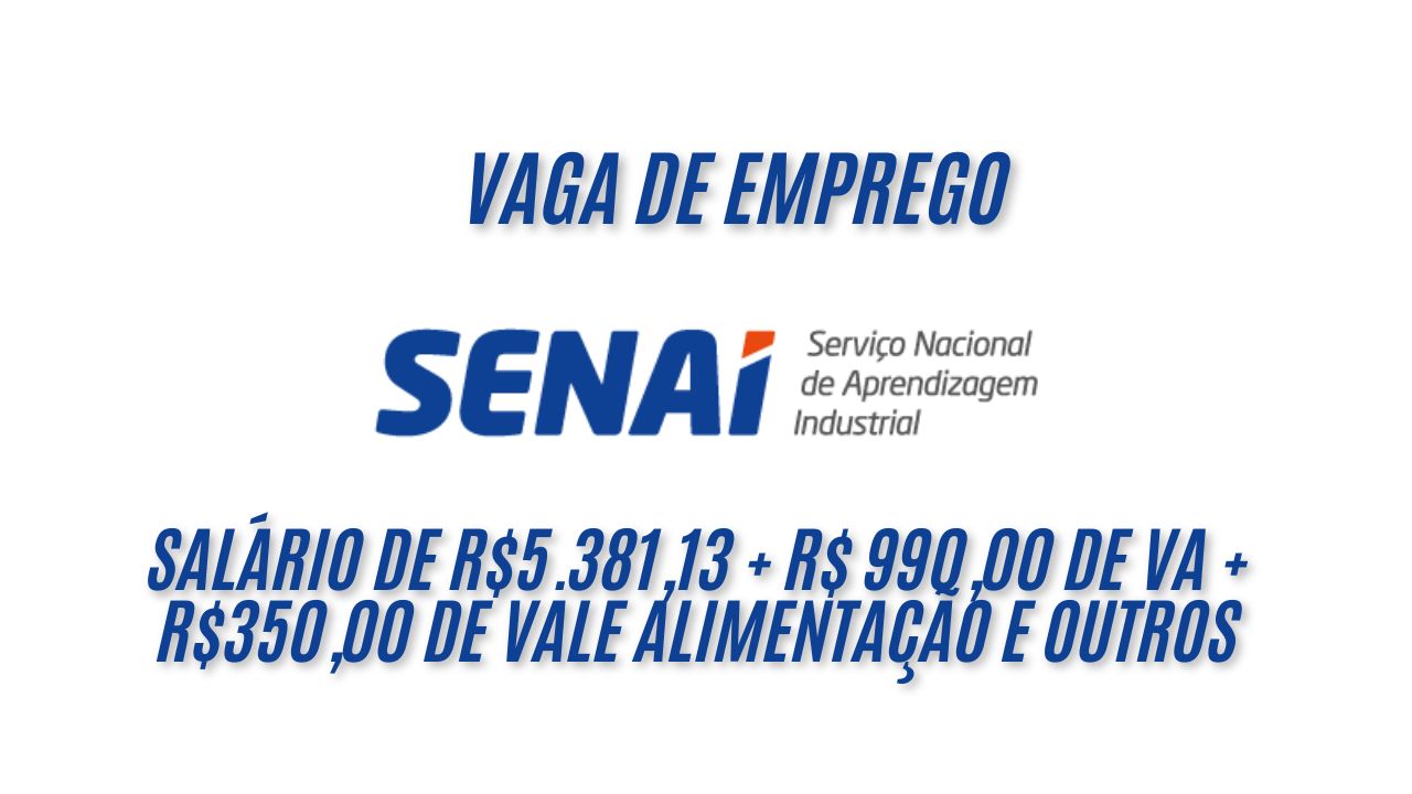 R.381,13 é o salário que o SENAI está oferecendo para interessados em trabalhar de seg a sex das 07:45 às 11:45 e 13:45 às 17:45! Benefícios atrativos como R$ 990,00 de VA + R0,00 de vale alimentação e outros; Oportunidade para instrutor de educação profissional 