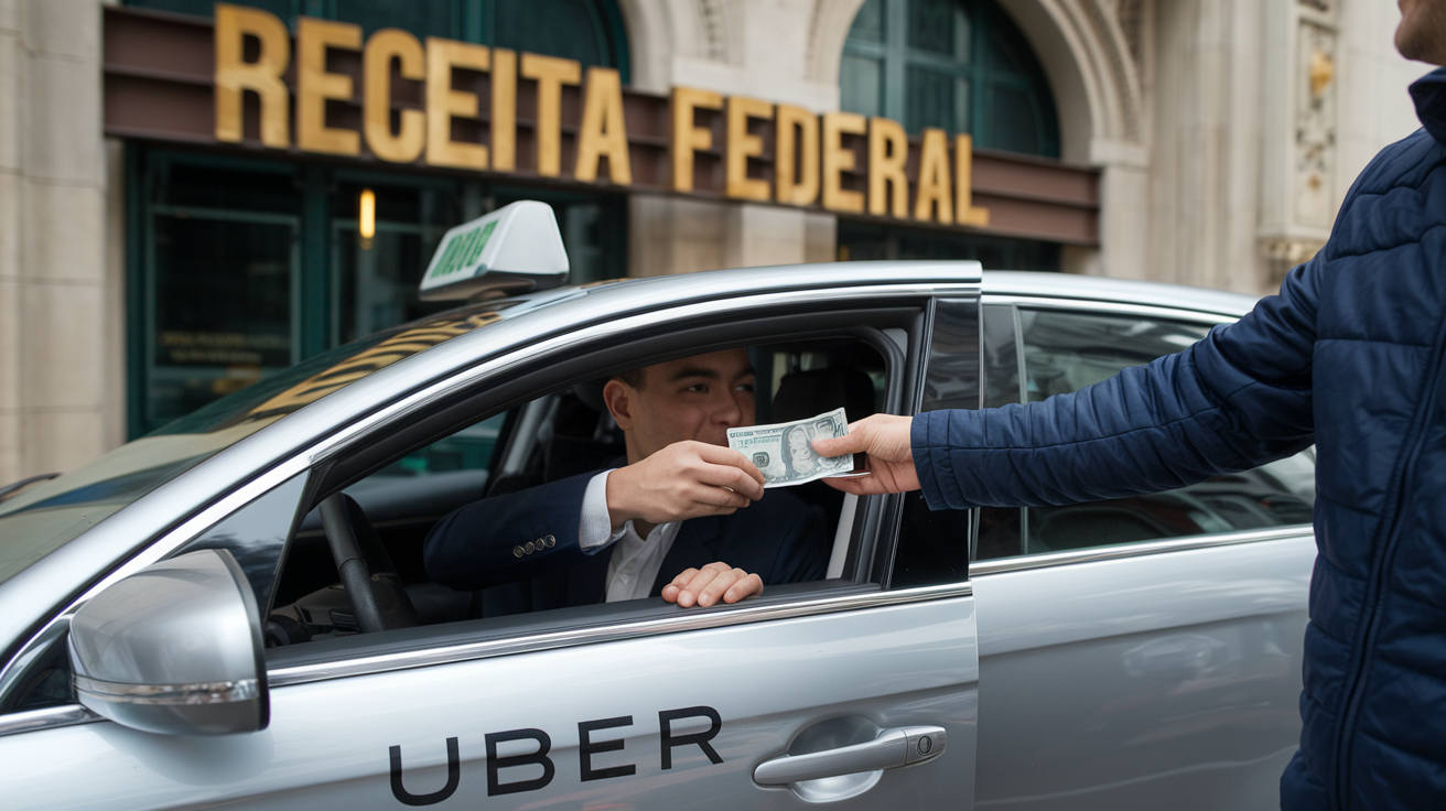 motorista de Uber recebendo dinheiro pela janela do carro de um passageiro com a porta fechada. Ao fundo, deve haver um prédio escrito Receita Federal em tom dramático. O carro deve conter o logo do Uber.