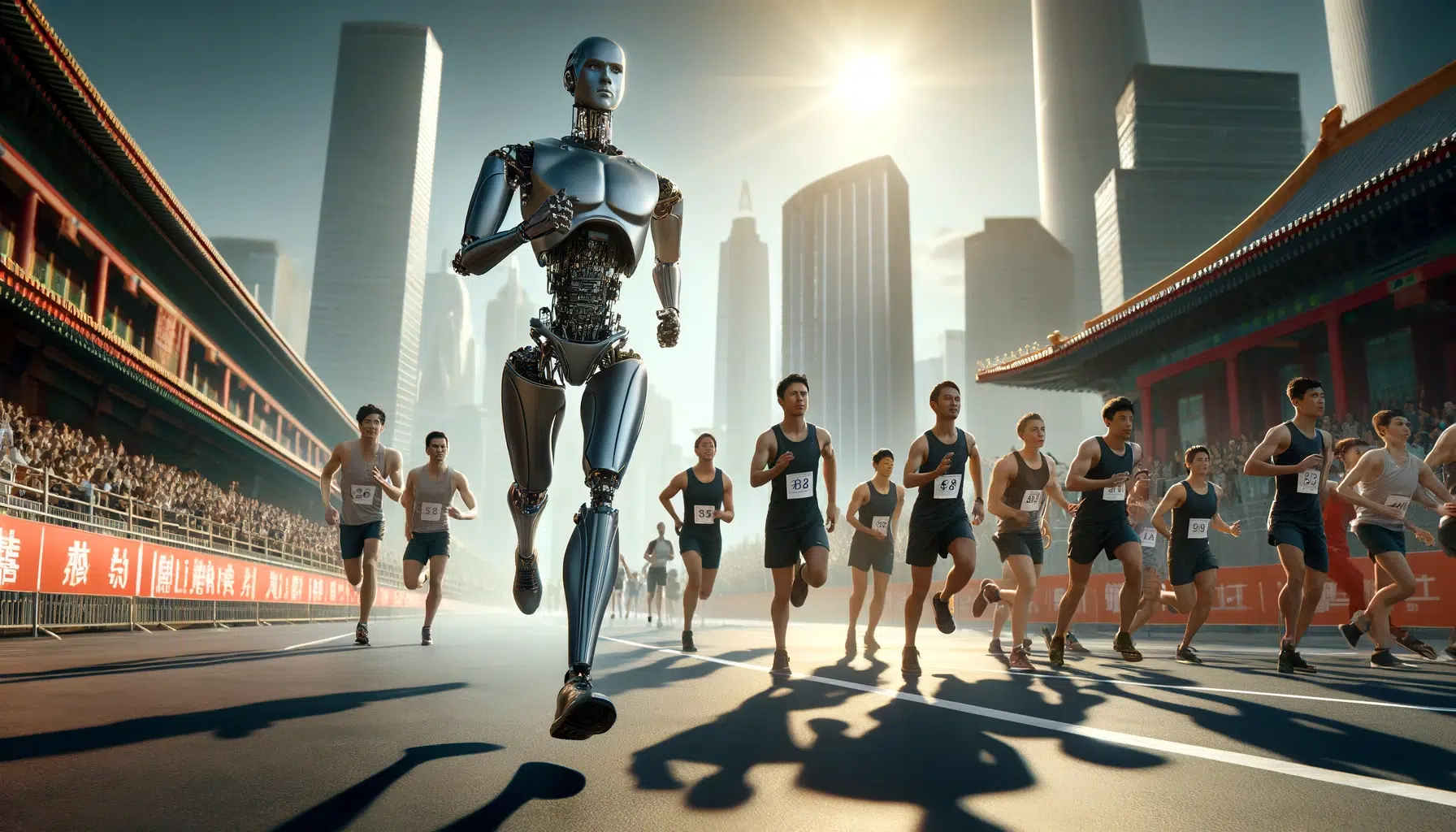 Humanos e robôs, Robôs humanoides, corrida de robôs, corrida