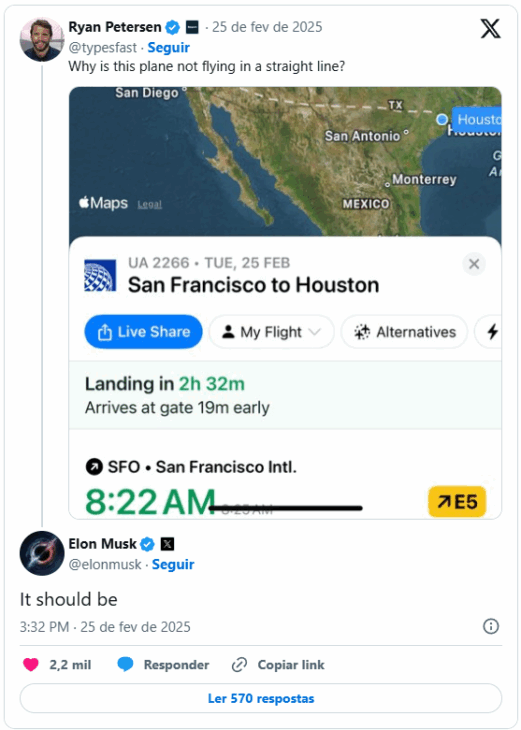 Os comentários mencionados foram feitos por usuários da plataforma X (antigo Twitter), incluindo Ryan Petersen, CEO da Flexport, que iniciou a discussão sobre a rota do voo. Além dele, a comunidade online contribuiu com explicações técnicas e notas comunitárias para corrigir a afirmação de Elon Musk. No entanto, os nomes exatos dos usuários que comentaram e adicionaram essas explicações não foram divulgados na base de informações fornecida.