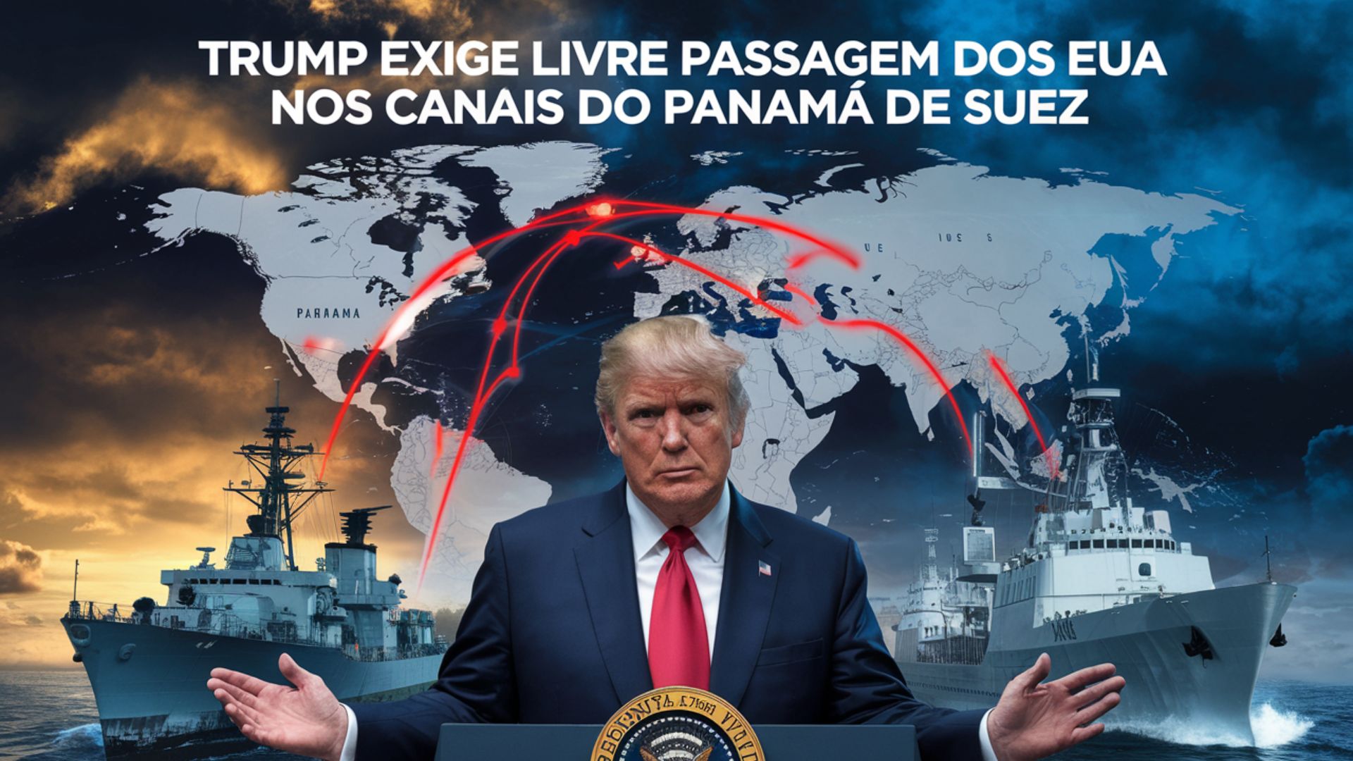 Em nova declaração, Trump exige livre passagem de navios dos EUA pelos canais do Panamá e de Suez e critica barreiras ao comércio