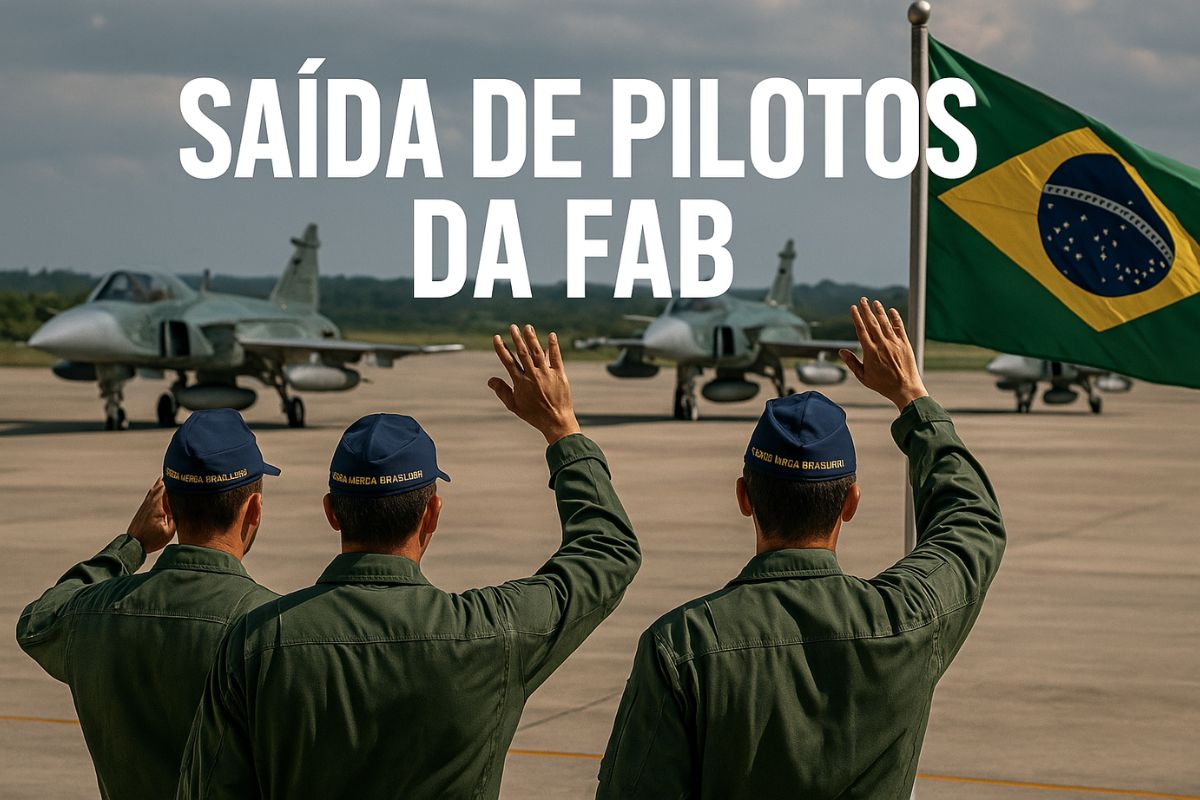 Cena simbólica do esvaziamento da FAB: caças F-5 parados em pista sob nuvens pesadas representam o êxodo de pilotos da aviação militar