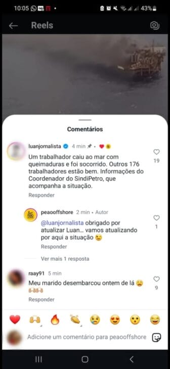 Instagram não há vitimas na plataforma cherne 1 apenas um trabalhador caiu no mar